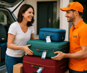 Mujer sonriente con maletas listas para ser enviadas como equipaje no acompañado desde Canadá a Latinoamérica